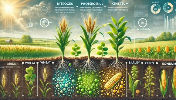 иллюстрация, показывающая эффективное удобрение для пшеницы, ячменя и кукурузы, подчеркивающая сбалансированное распределение питательных веществ с акцентом на азот, фосфор и калий. 