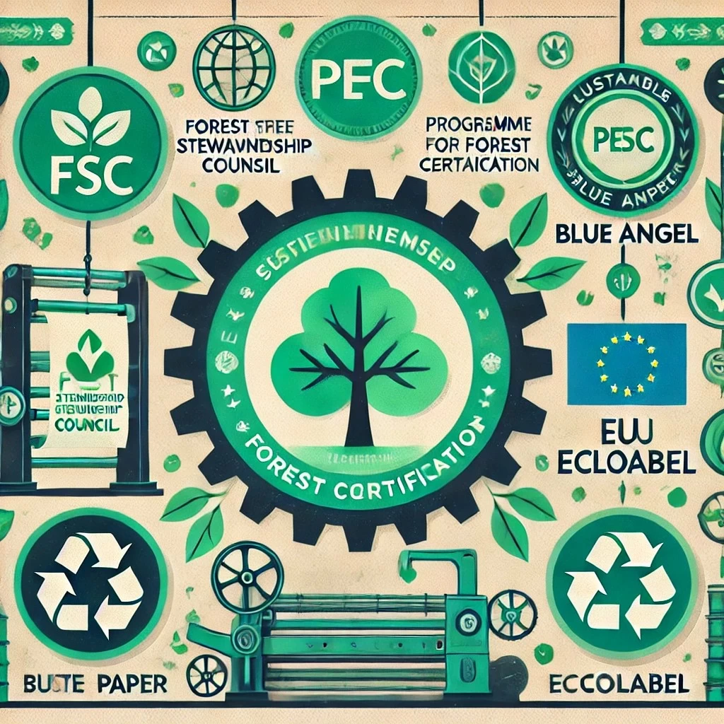 изображение, иллюстрирующее сертификацию и стандарты эко-офсетной бумаги. Оно включает символы FSC, PEFC, Blue Angel и EU Ecolabel, а также элементы, подчеркивающие экологичность производства бумаги.