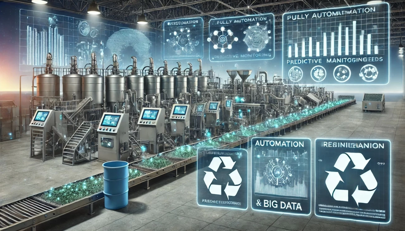 Изображение, демонстрирующее современные автоматизированные линии переработки ПЭТ, цифровой мониторинг оборудования и использование аналитики больших данных для оптимизации процессов. Оно подчеркивает снижение ошибок, предотвращение простоев и повышение эффективности производства.