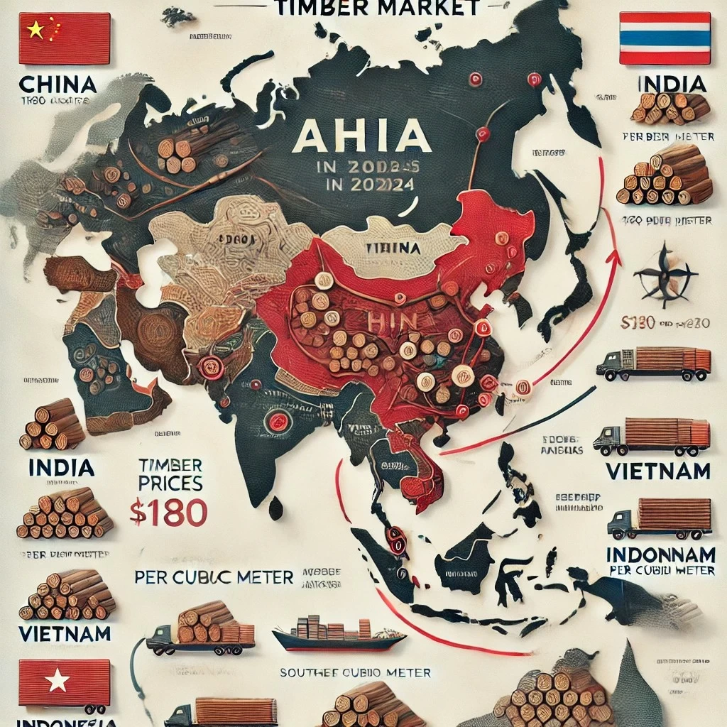 На карте изображены ключевые регионы Азии, связанные с рынком древесины в 2024 году