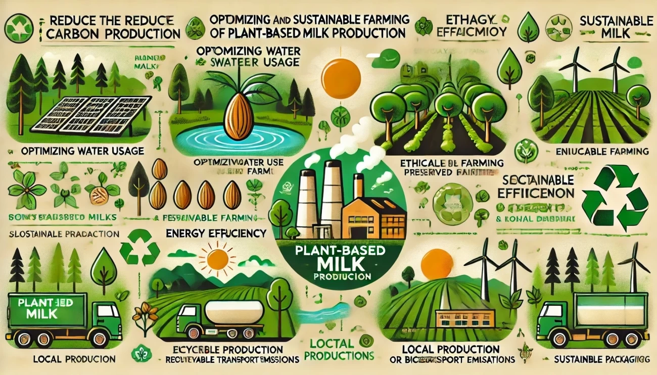 инфографика, иллюстрирующая способы минимизации углеродного следа от производства растительного молока, подчеркивающая устойчивое использование воды, этичное снабжение, энергоэффективность, локальное производство и экологичную упаковку. 