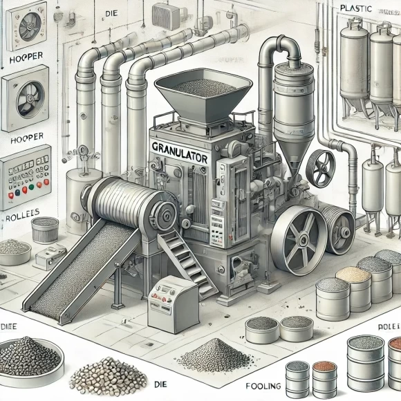 иллюстрация гранулятора в производственном процессе, демонстрирующая ключевые элементы оборудования и их роль. 