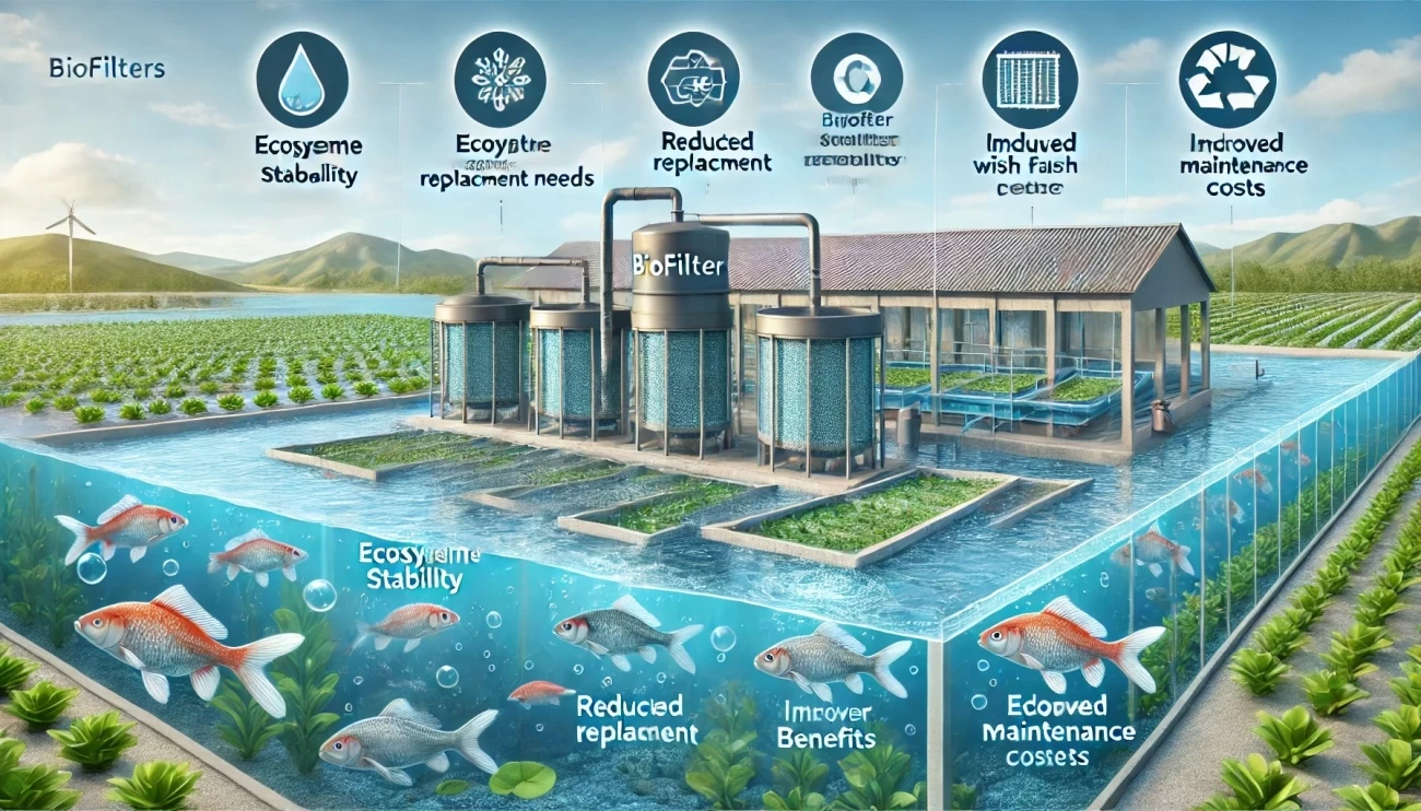 изображение, показывающее преимущества использования биофильтров в аквакультуре: чистая вода, здоровая рыба, стабильная экосистема, снижение затрат на замену воды и повышение продуктивности хозяйства.