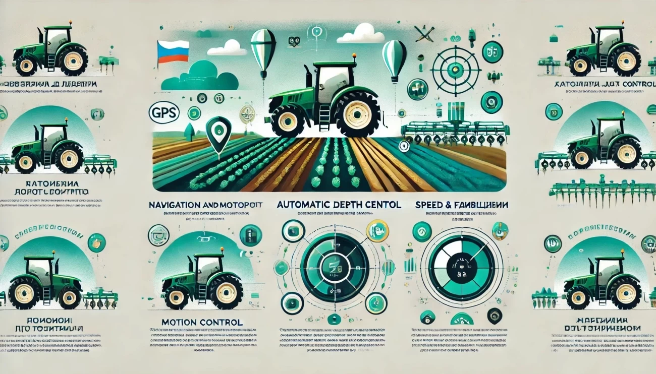 инфографика с ключевыми функциями автопилотов для тракторов, с акцентом на точную навигацию, автоматический контроль глубины и управление скоростью и удобрениями