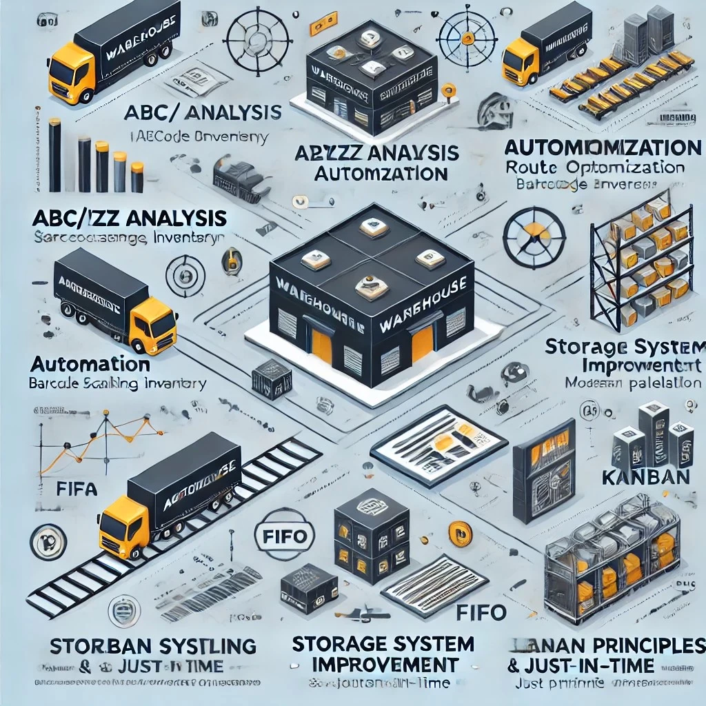 изображение, иллюстрирующее стратегии оптимизации складской логистики. Оно включает основные инструменты, такие как ABC/XYZ-анализ, автоматизацию, оптимизацию маршрутов, улучшение системы хранения и принципы бережливого производства.