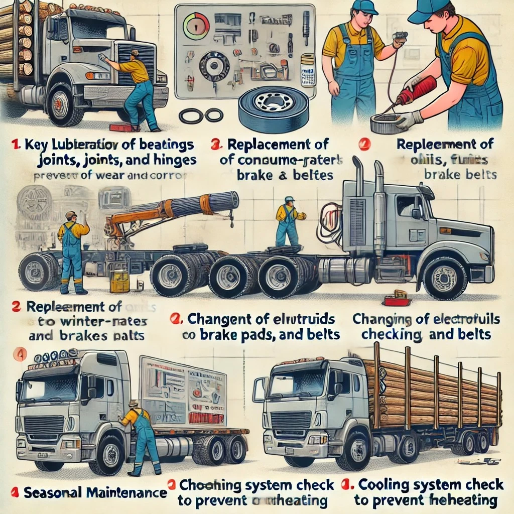 Изображение, демонстрирующее ключевые этапы профилактического обслуживания лесовозной техники