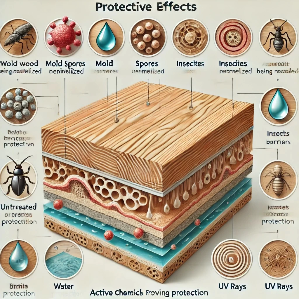 Изображение, которое наглядно демонстрирует защитное действие антисептиков для древесины. Оно показывает, как антисептики нейтрализуют угрозы, такие как плесень, насекомые, влага и ультрафиолет, продлевая срок службы материала.