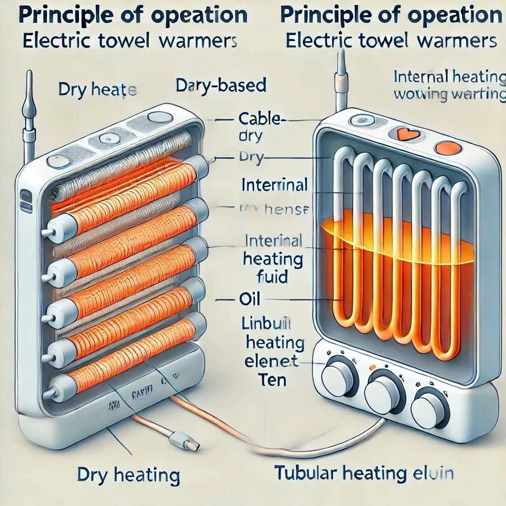изображение, иллюстрирующее принцип работы электрических полотенцесушителей, включая модели с сухим нагревом (с кабелем) и жидкостным нагревом (с использованием теплоносителя).
