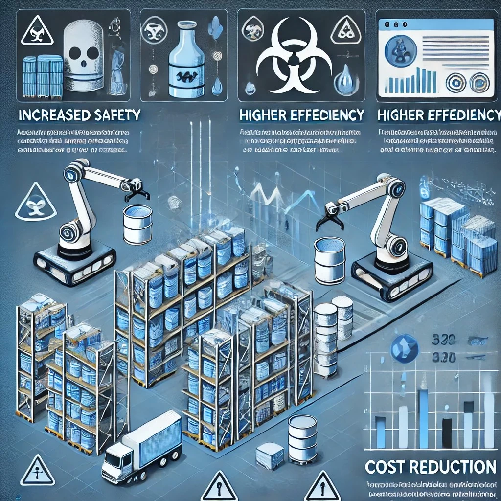 изображение, иллюстрирующее преимущества роботизированных систем на складе химической продукции. Оно включает ключевые аспекты: повышение безопасности, увеличение эффективности, оптимизацию пространства и снижение операционных расходов.