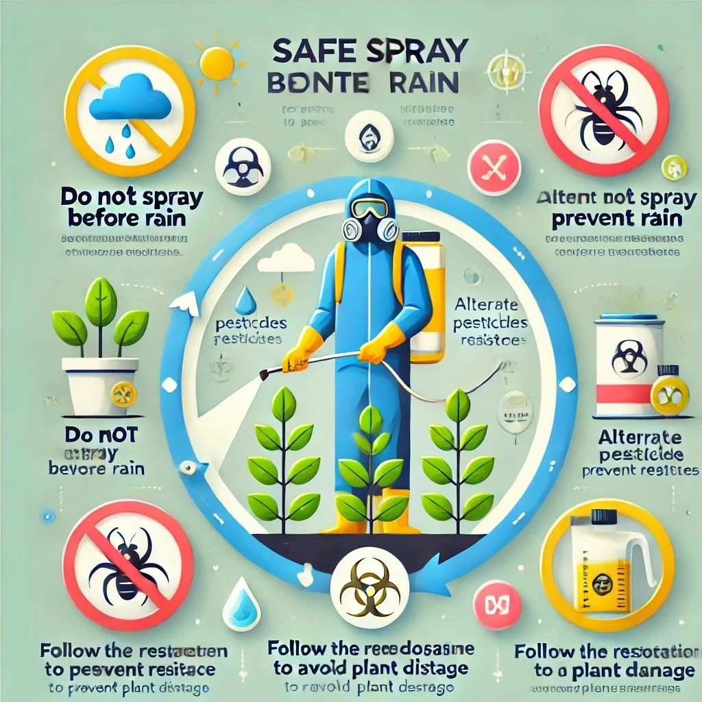 изображение с советами по безопасному опрыскиванию растений. Оно включает ключевые рекомендации: использование средств защиты, запрет на опрыскивание перед дождём, чередование препаратов и соблюдение дозировки.
