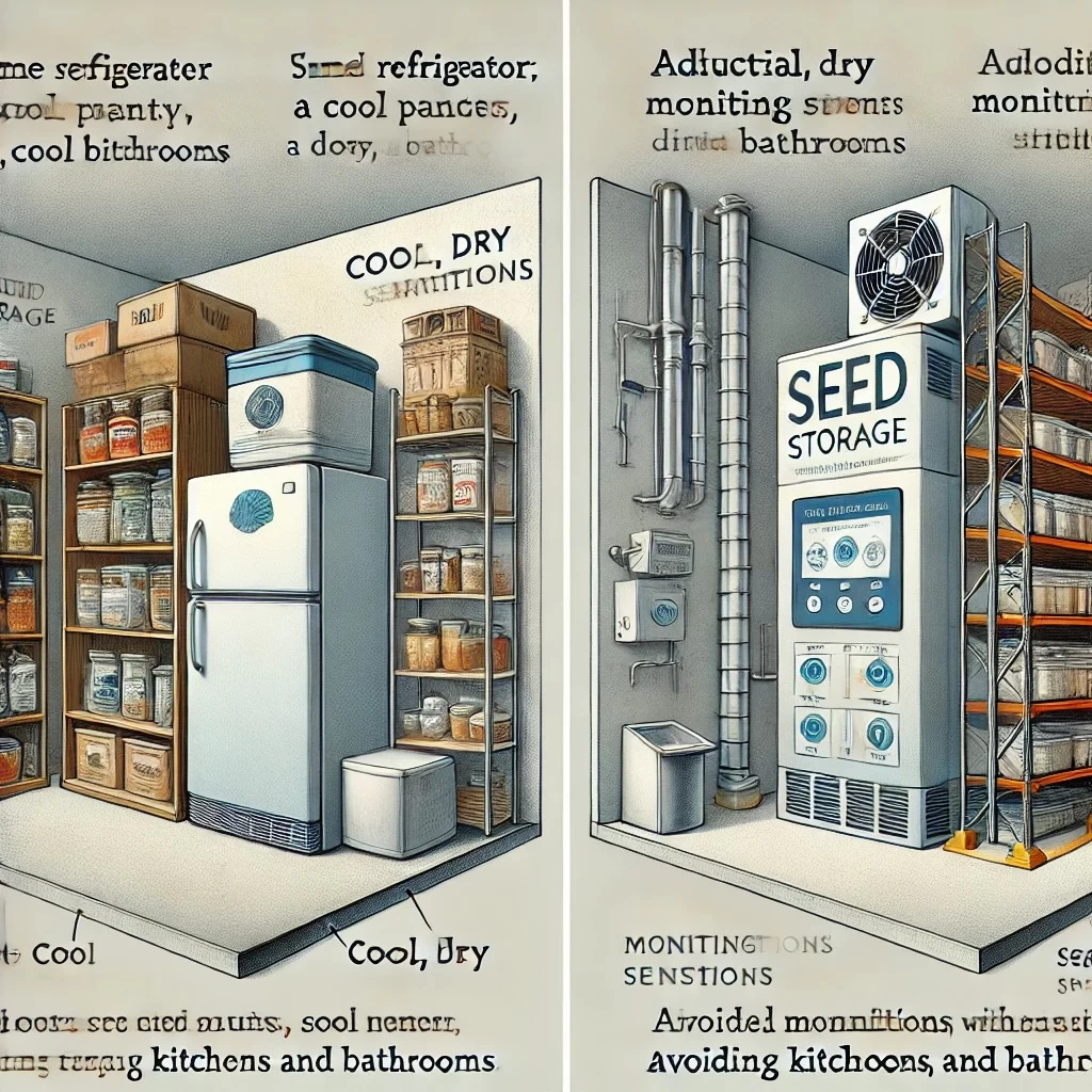 изображение, которое иллюстрирует правильные условия хранения семян: слева показаны домашние условия с использованием холодильника и кладовой, справа — промышленное хранилище с контролем климата и автоматизированным мониторингом. 