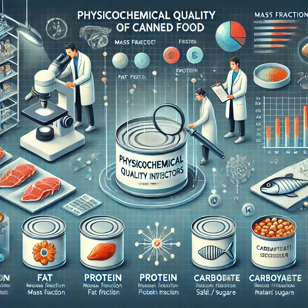 изображение, иллюстрирующее физико-химические показатели консервов, включая анализ состава, содержание белков, жиров, углеводов, а также контроль примесей и пищевой безопасности.