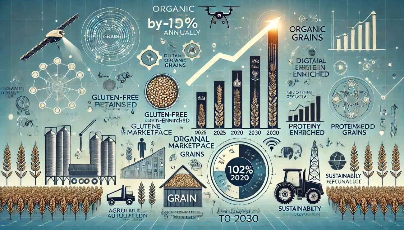 инфографика, иллюстрирующая прогноз развития рынка круп на 2025-2030 годы. Она включает ключевые тренды: рост органических и специализированных круп, расширение онлайн-продаж, автоматизацию сельского хозяйства и устойчивое развитие.