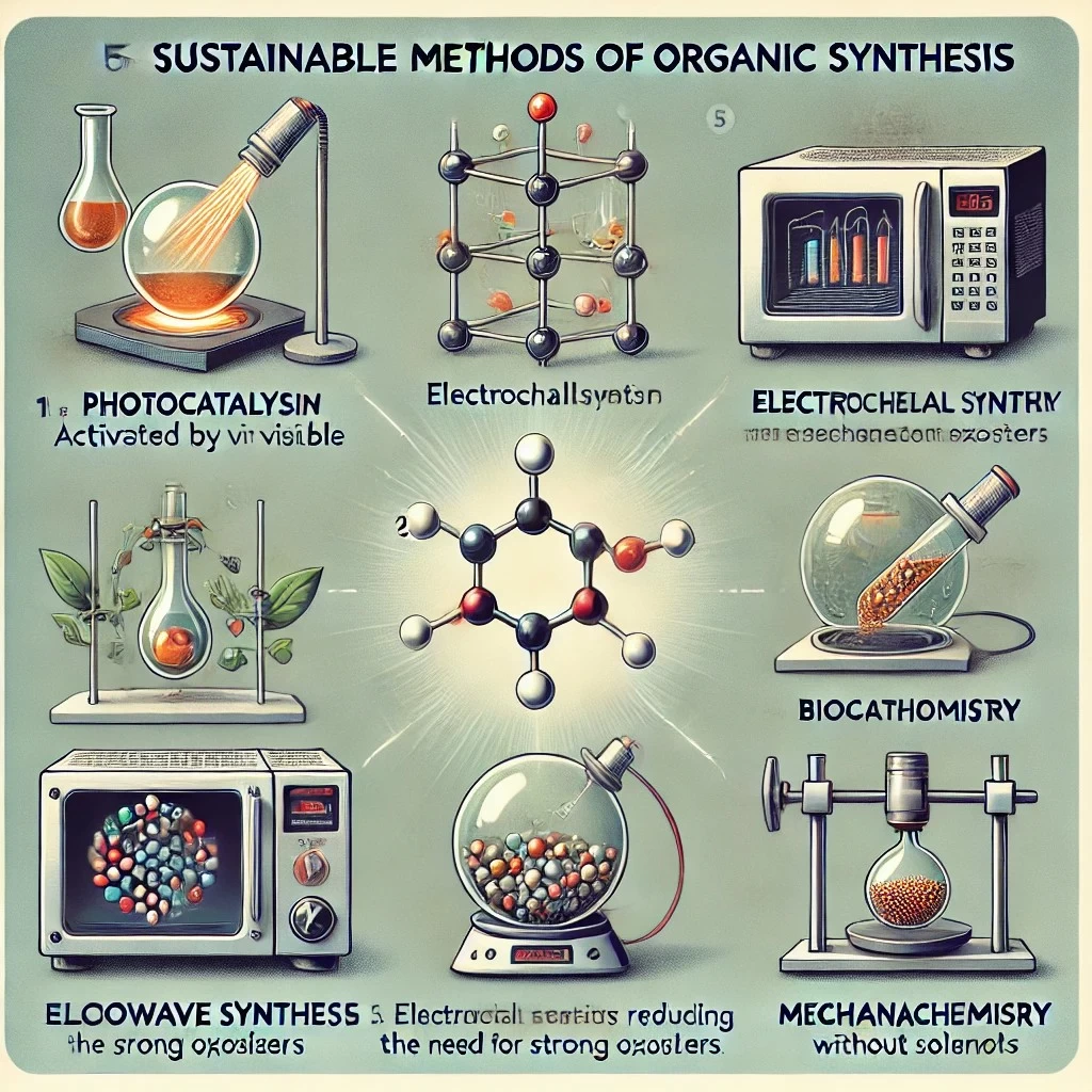 инфографика, иллюстрирующая устойчивые методы органического синтеза, включая фотокатализ, электрохимический синтез, микроволновой синтез, биокатализ и механохимию. 