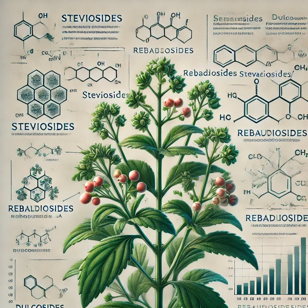 инфографика, описывающая химический состав и свойства стевии, с этикетками и визуальными представлениями основных соединений, таких как стевиозиды и ребаудиозиды, а также их соответствующими характеристиками и уровнями сладости.