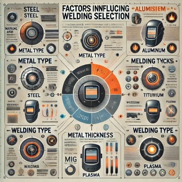 Изображение иллюстрирует ключевые факторы, влияющие на выбор режима сварки, с четкими категориями, иконками и описаниями.