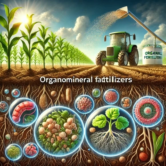 Изображение демонстрирует применение органоминеральных удобрений с микробиологическими добавками, подчеркивая их влияние на здоровье почвы и урожайность.
