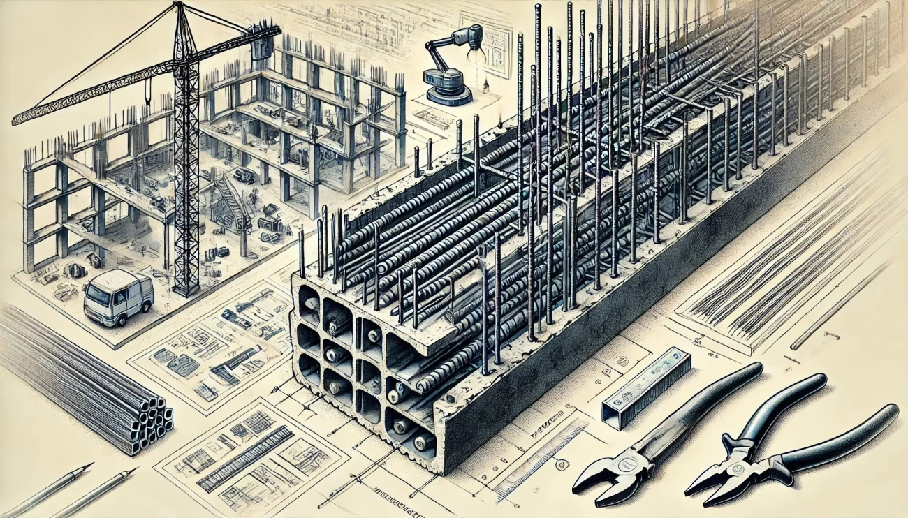 Изображение демонстрирует закладные детали из арматуры в строительных конструкциях, подчеркивая их ключевую роль в прочности и надежности зданий.