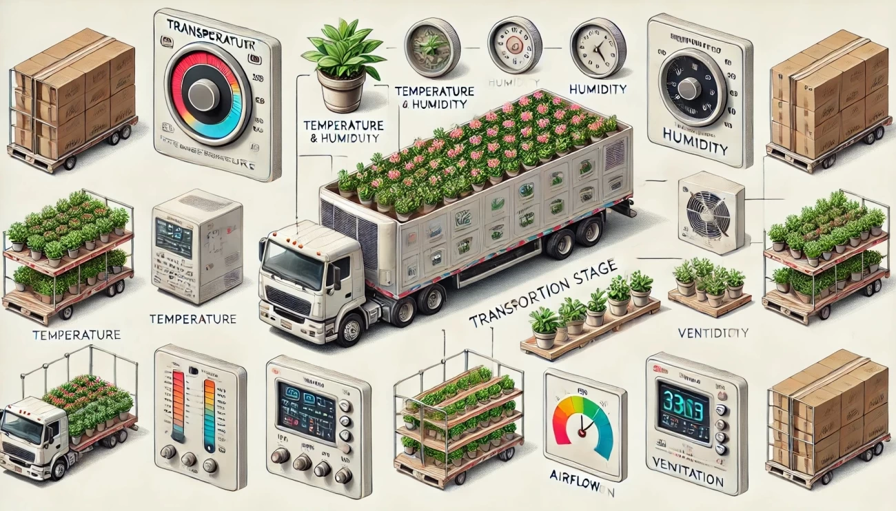 Изображение иллюстрирует транспортировку растений в условиях строгого контроля температуры, влажности и вентиляции для их оптимального состояния при доставке.