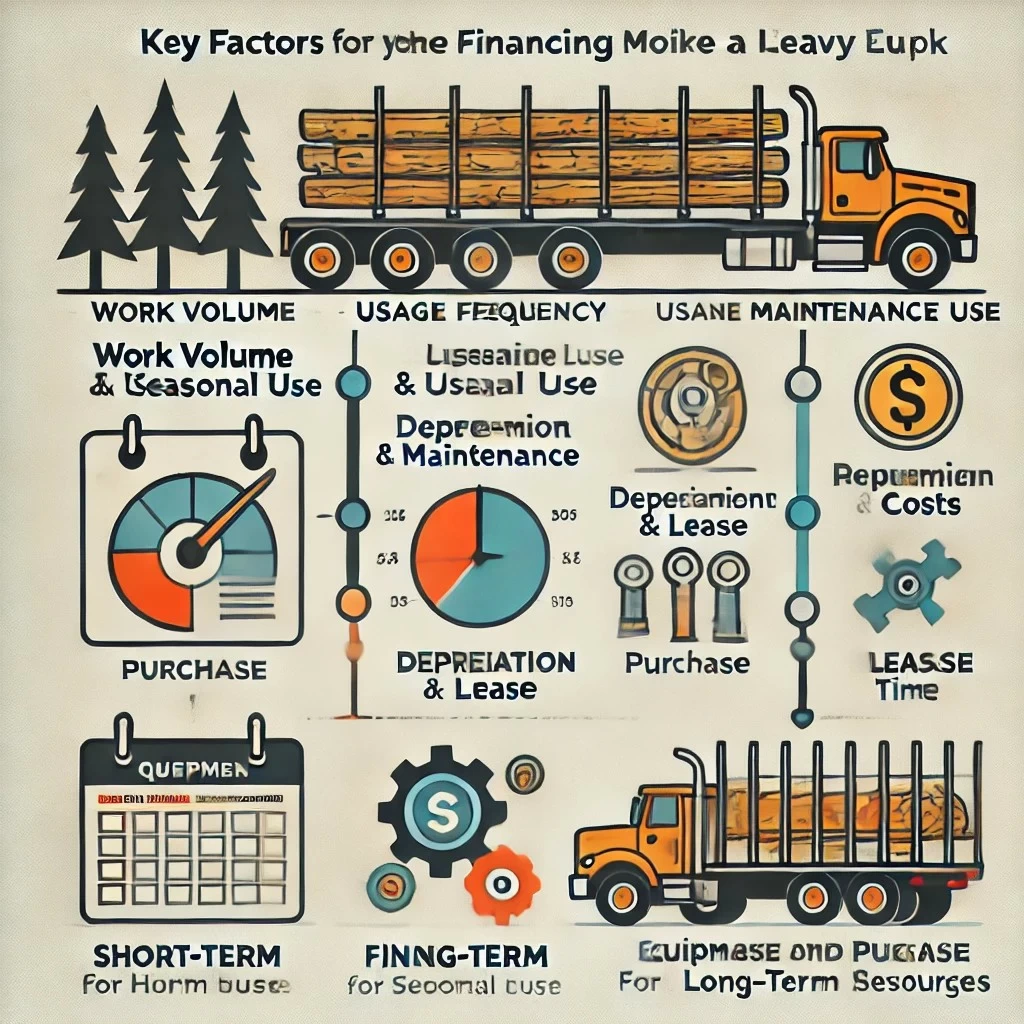 инфографика, визуализирующая ключевые факторы при выборе метода финансирования для тяжелого оборудования, такого как лесовоз, разделенная на разделы для простоты понимания.