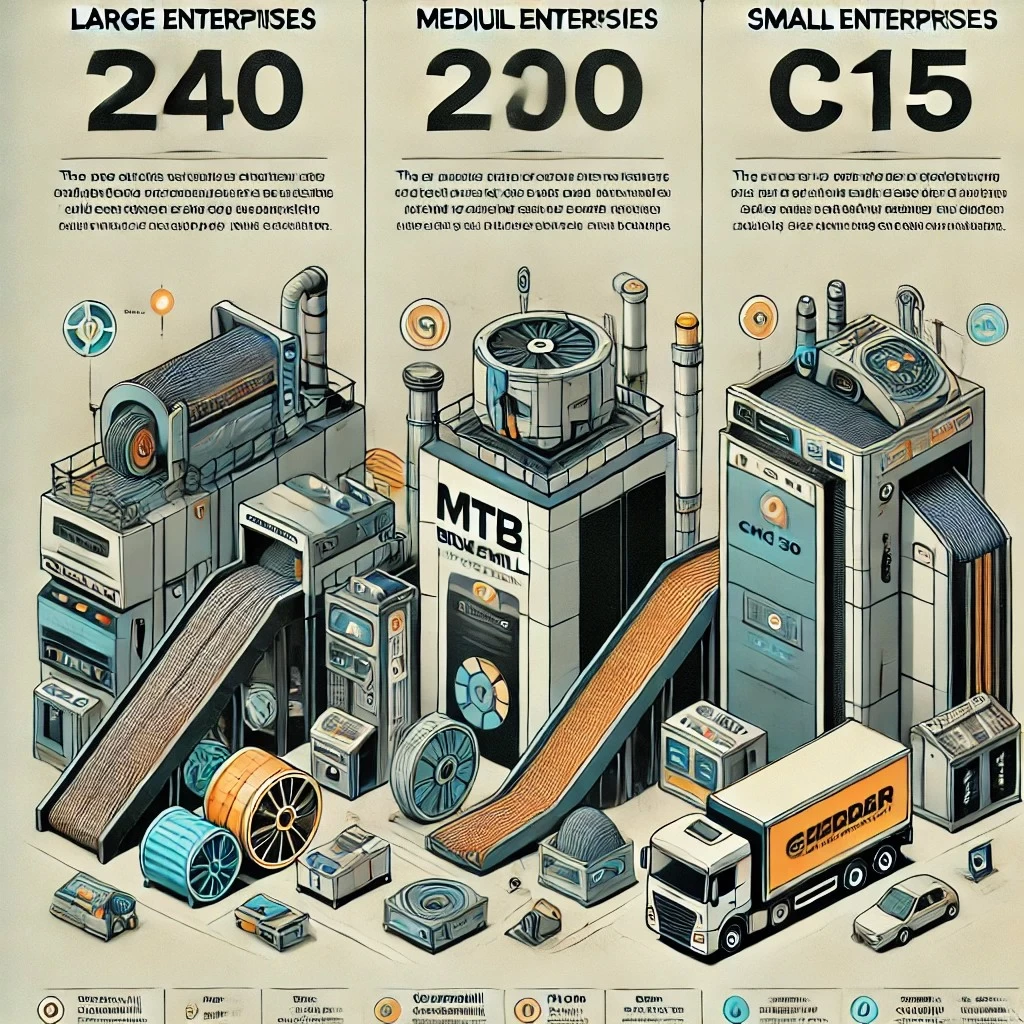 инфографика с рекомендованным оборудованием для переработки кабеля, разделённая на категории по объёмам производства.