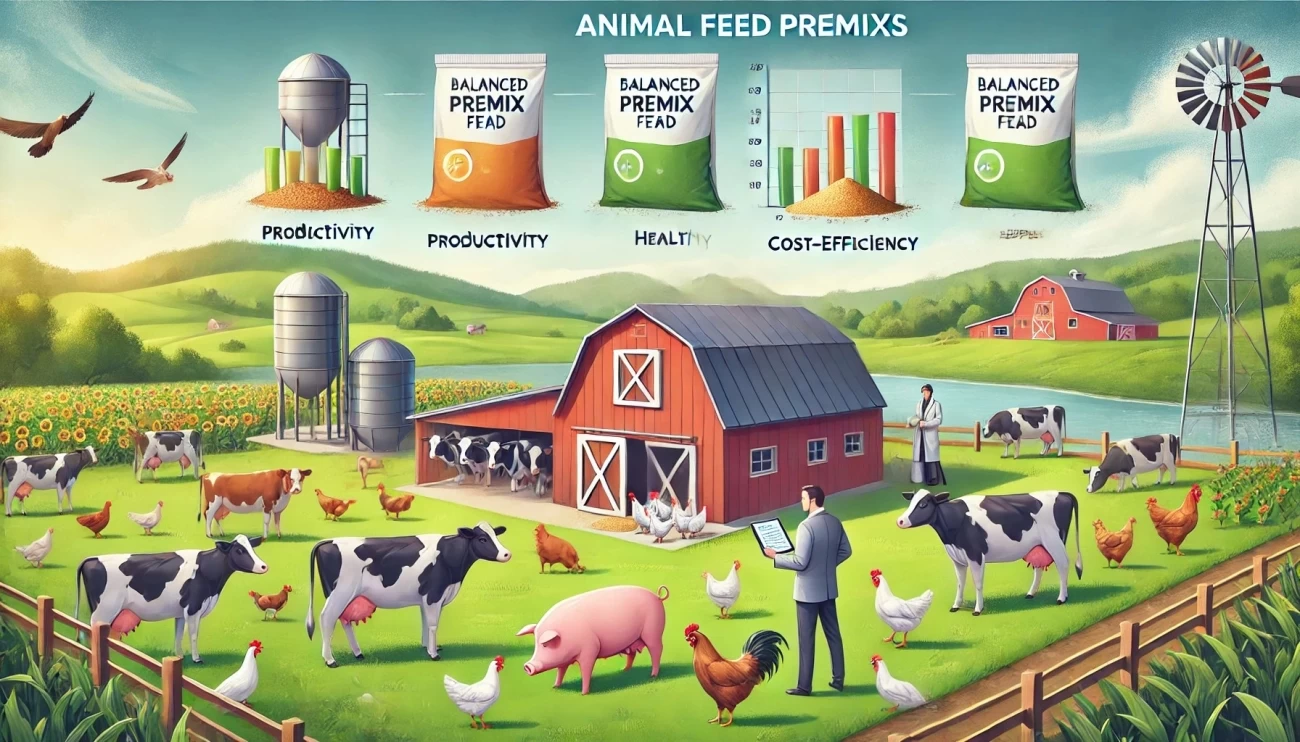 изображение, демонстрирующее роль премиксов в повышении производительности скота и снижении затрат на кормление