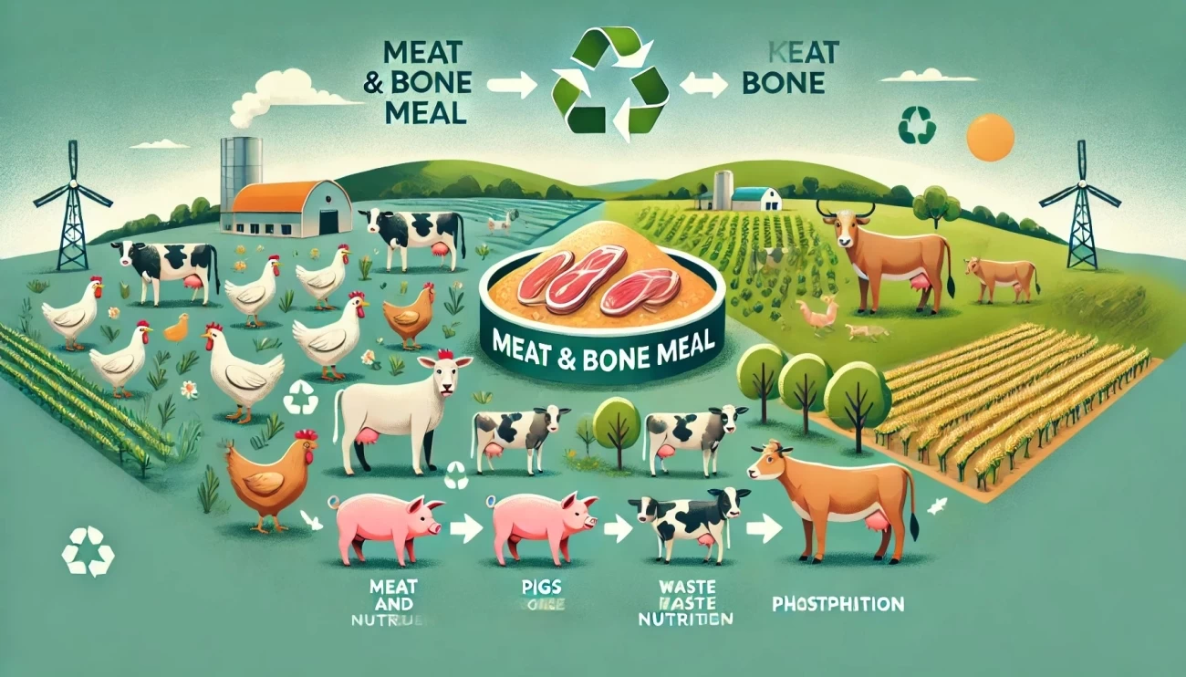 изображение, иллюстрирующее преимущества мясокостной муки в питании животных, с одной стороны, сбалансированное кормление скота, с другой — устойчивые методы ведения сельского хозяйства, подчеркивающие экологическое воздействие.
