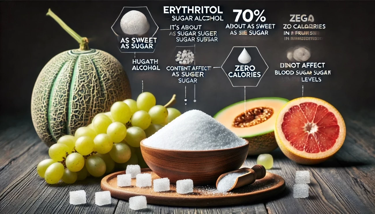 Изображение, демонстрирующее эритритол — сахароспирт, используемый в качестве заменителя сахара. Оно подчеркивает его натуральное происхождение из фруктов, а также его свойства: 70% сладости от сахара, отсутствие калорий и влияние на уровень сахара в крови.