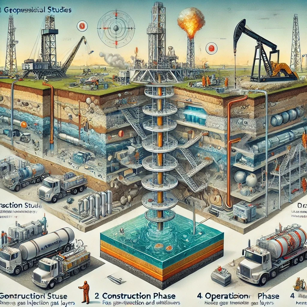 визуализация процесса создания и эксплуатации подземного хранилища газа, включая ключевые этапы: геофизические исследования, строительство, закачку газа и эксплуатацию с мониторингом.