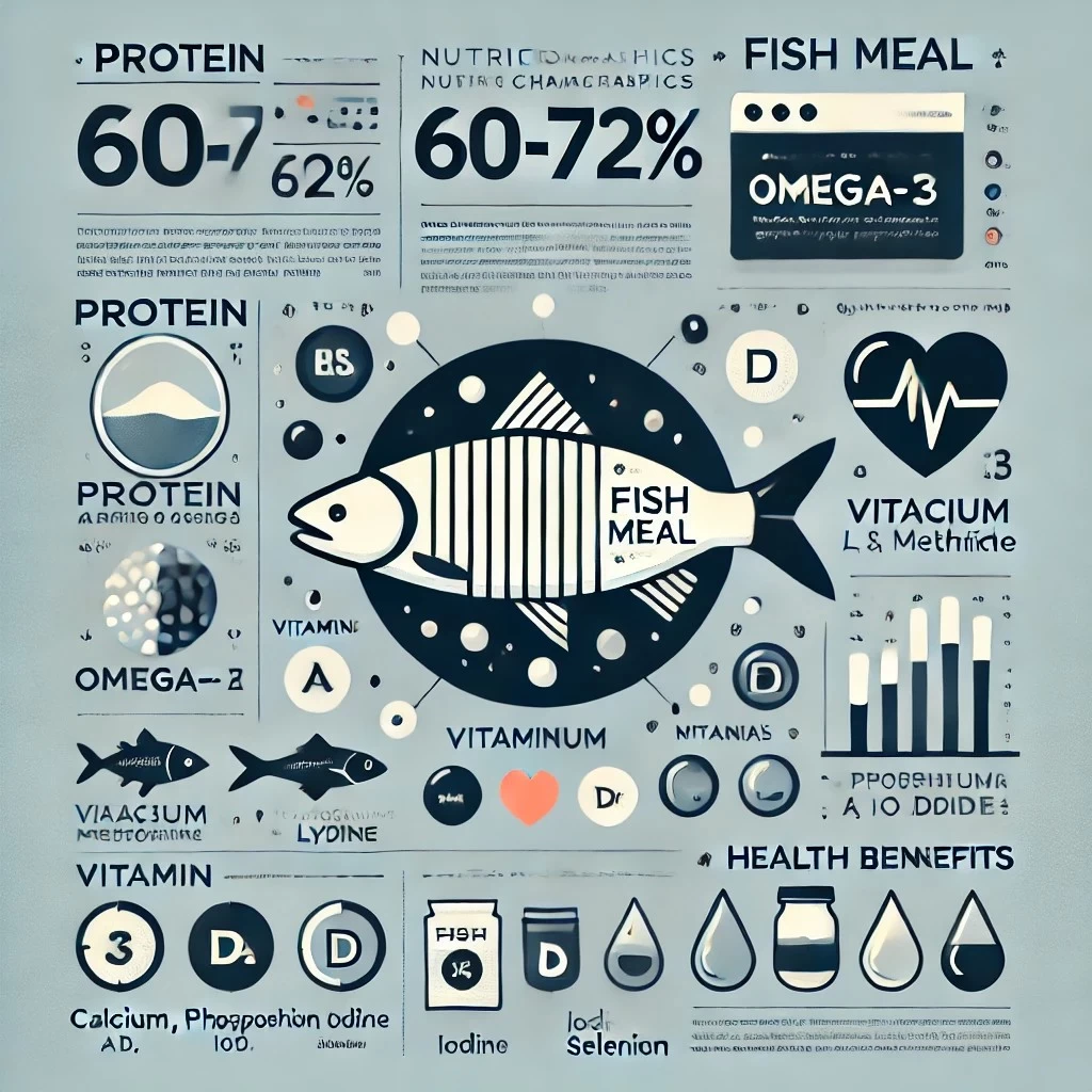 На изображении представлена инфографика, отражающая питательные характеристики рыбной муки.