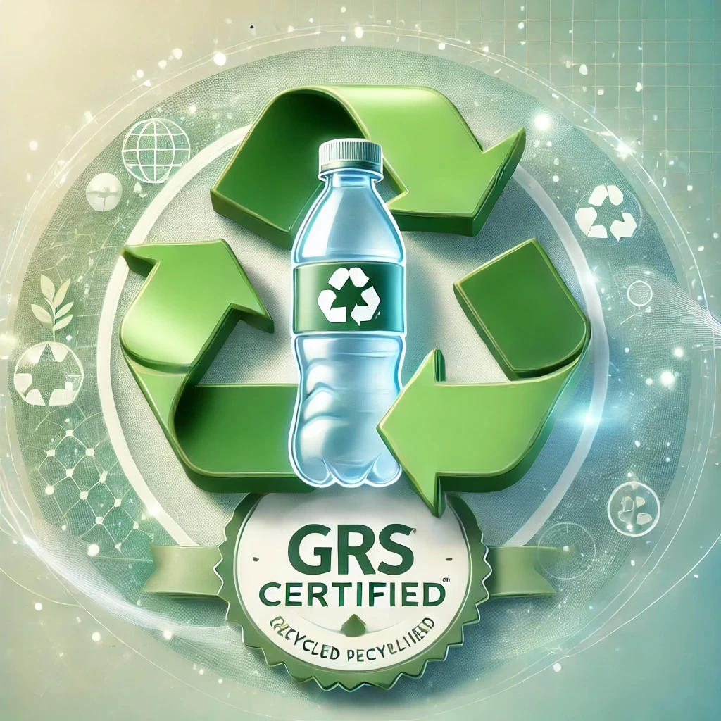 изображение, иллюстрирующее стандарт Global Recycled Standard (GRS) для переработанного полиэтилена. Оно символизирует экологичность, переработку и повторное использование материалов.