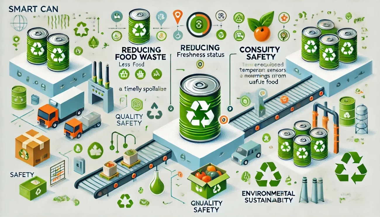 иллюстрация, иллюстрирующая основные преимущества интеллектуальной упаковки для консервированных продуктов, как описано. Каждый раздел наглядно представляет сокращение пищевых отходов, повышение безопасности потребителей, сохранение качества продукции и содействие экологической устойчивости