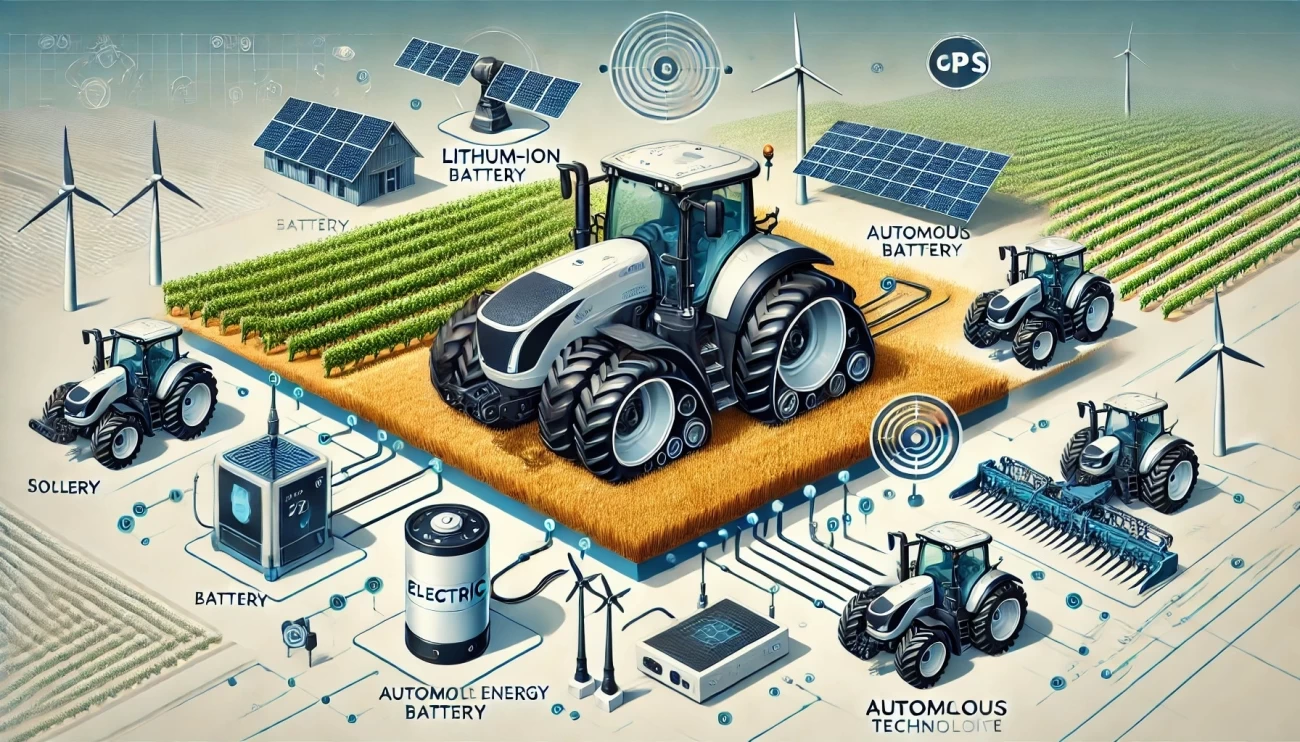 иллюстрация, иллюстрирующая ключевые технологические аспекты электротракторов: аккумуляторная батарея и зарядная инфраструктура, автономная технология и совместимость с возобновляемой энергией.