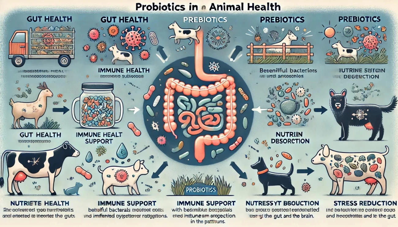 иллюстрация, подчеркивающая роль пробиотиков и пребиотиков в здоровье животных, разделенная на четыре ключевые области: здоровье кишечника, поддержка иммунитета, усвоение питательных веществ и снижение стресса. В дизайне представлены фермерские и домашние животные, а визуальные эффекты делают информацию понятной и привлекательной.