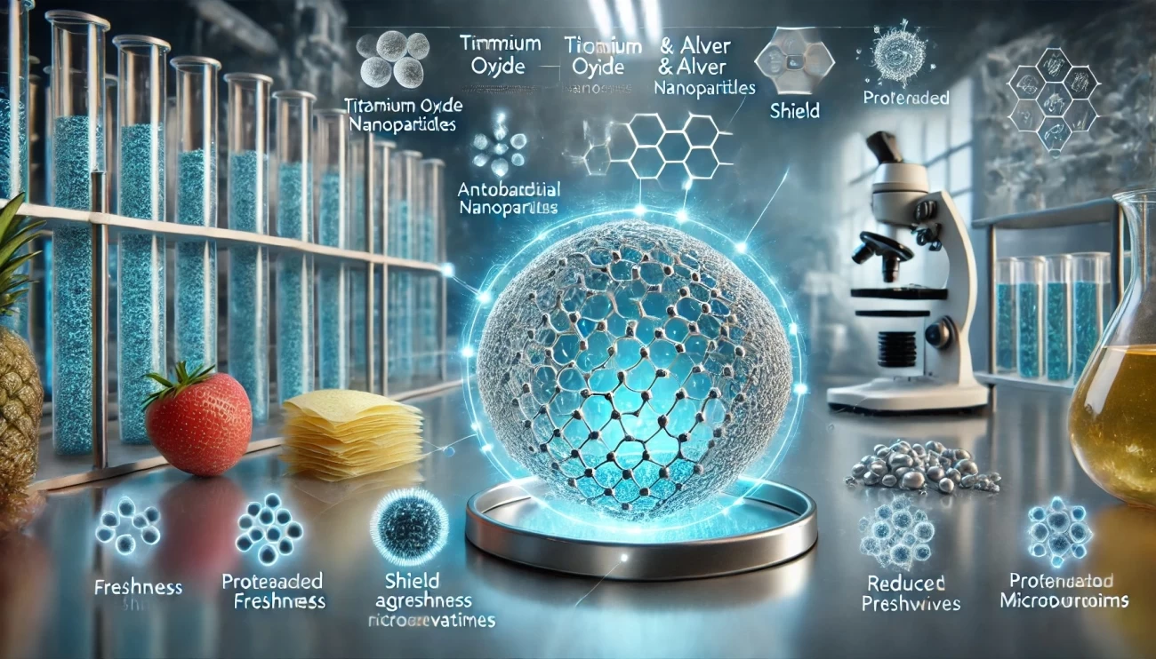 изображение, иллюстрирующее гибридные материалы с нанотехнологиями, включая наночастицы оксида титана и серебра. Оно показывает их герметизирующие и антибактериальные свойства, а также демонстрирует применение в упаковке для продления срока хранения продуктов