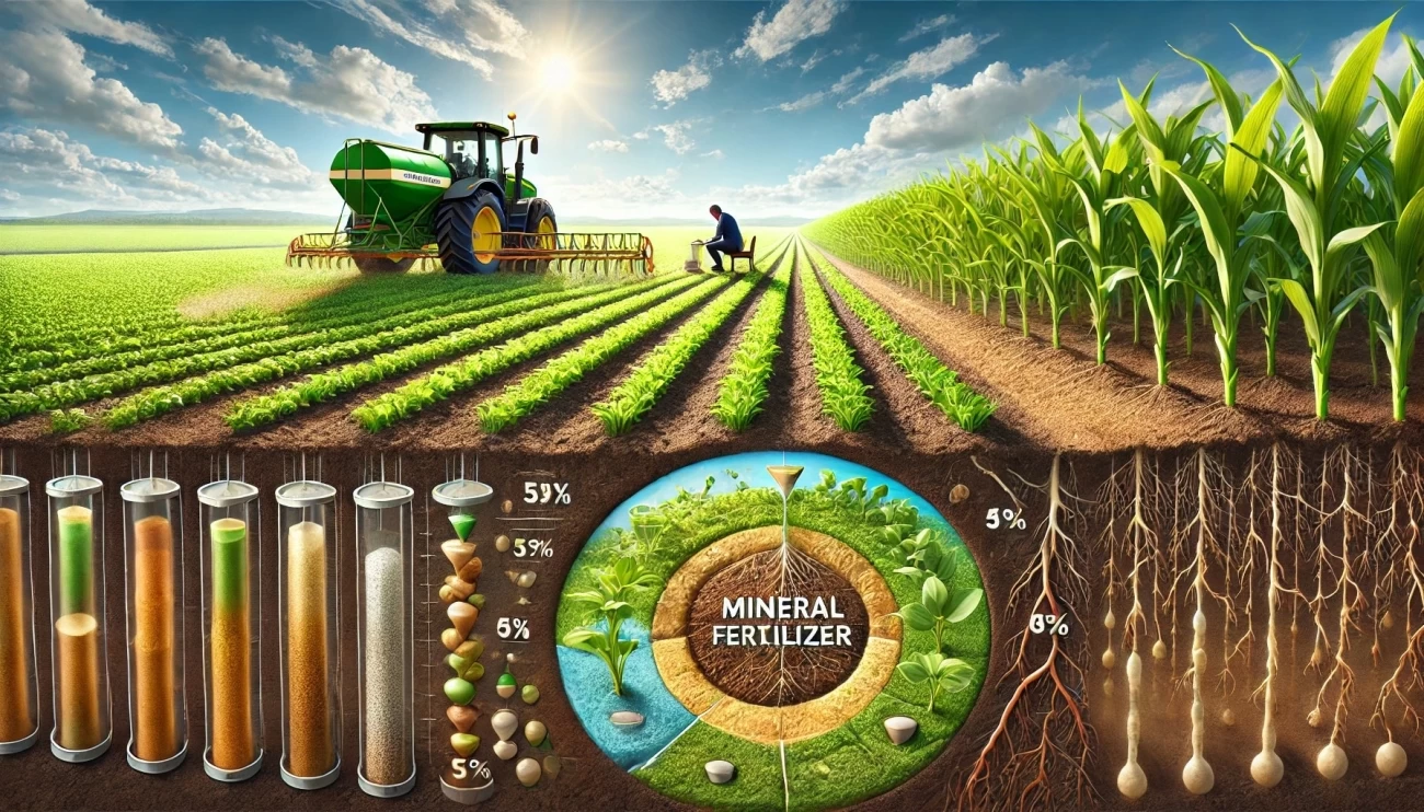 изображение, демонстрирующее благотворное влияние минеральных удобрений на плодородие почвы, иллюстрирующее активный рост урожая, крепкие корни и сбалансированное применение питательных веществ.
