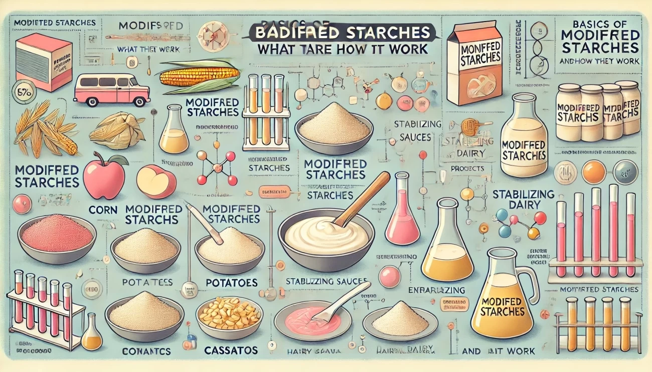 изображение, демонстрирующее основы модифицированных крахмалов: их происхождение, процессы химической модификации и использование в пищевой промышленности. 