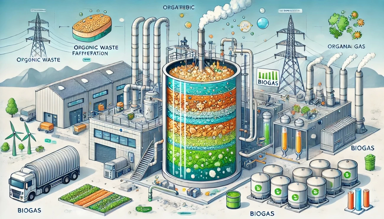 иллюстрация процесса анаэробной ферментации, демонстрирующая разложение органических отходов в среде без кислорода. На изображении показано преобразование отходов в биогаз, в частности, метан, который улавливается для выработки энергии, а также богатое питательными веществами органическое удобрение.