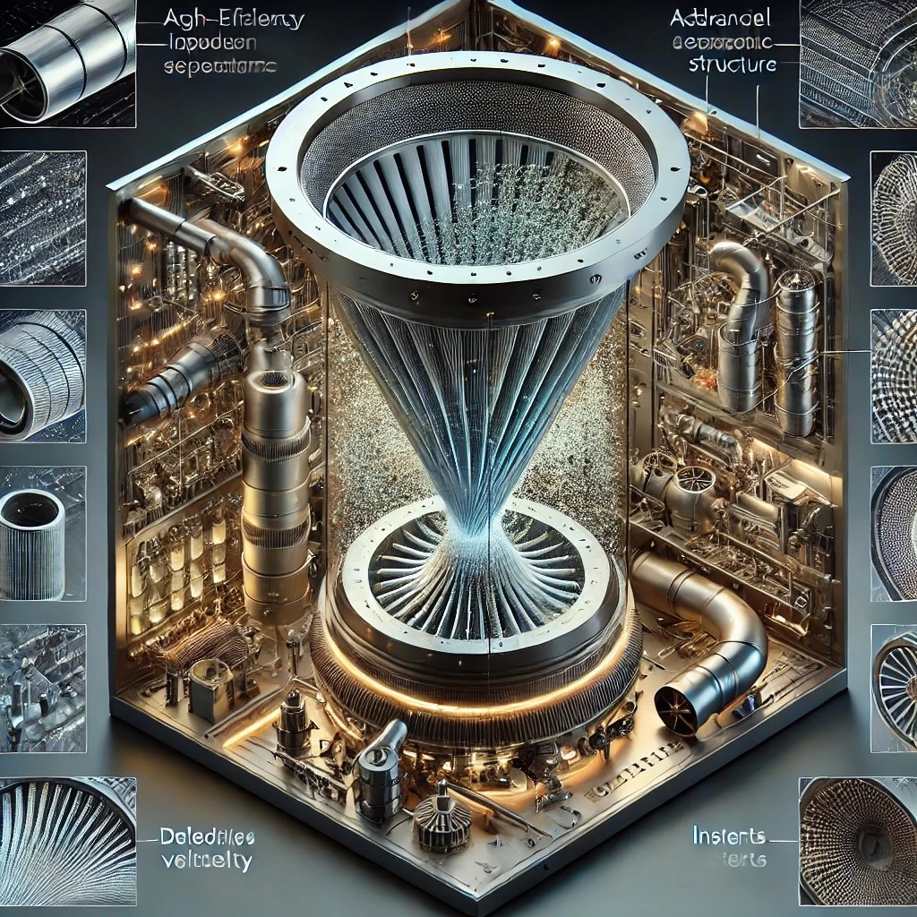 изображение высокоэффективного циклонного сепаратора, демонстрирующее его передовую аэродинамическую структуру и многоступенчатое разделение частиц