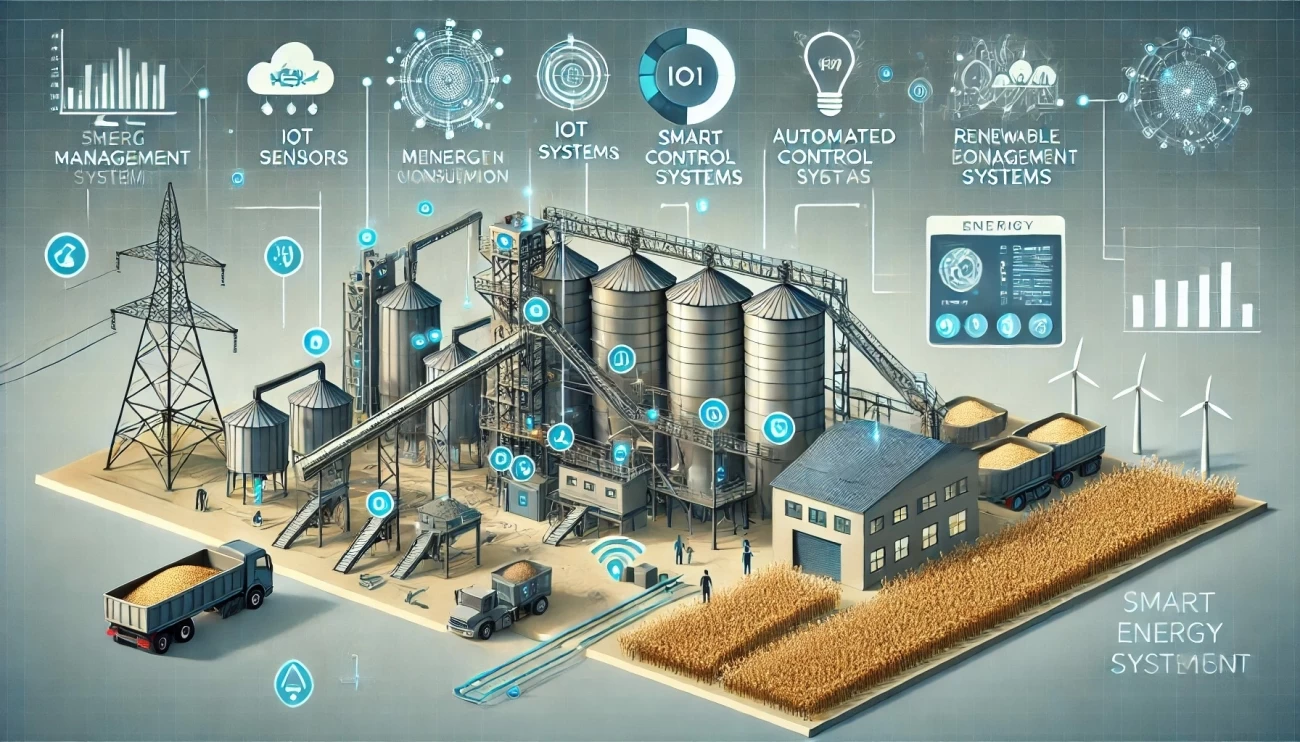изображение, иллюстрирующее работу умных систем энергоменеджмента в зернопереработке. Оно включает ключевые элементы: IoT-датчики, автоматизированное управление SCADA, аналитику на основе ИИ, возобновляемые источники энергии и цифровую панель мониторинга эффективности.