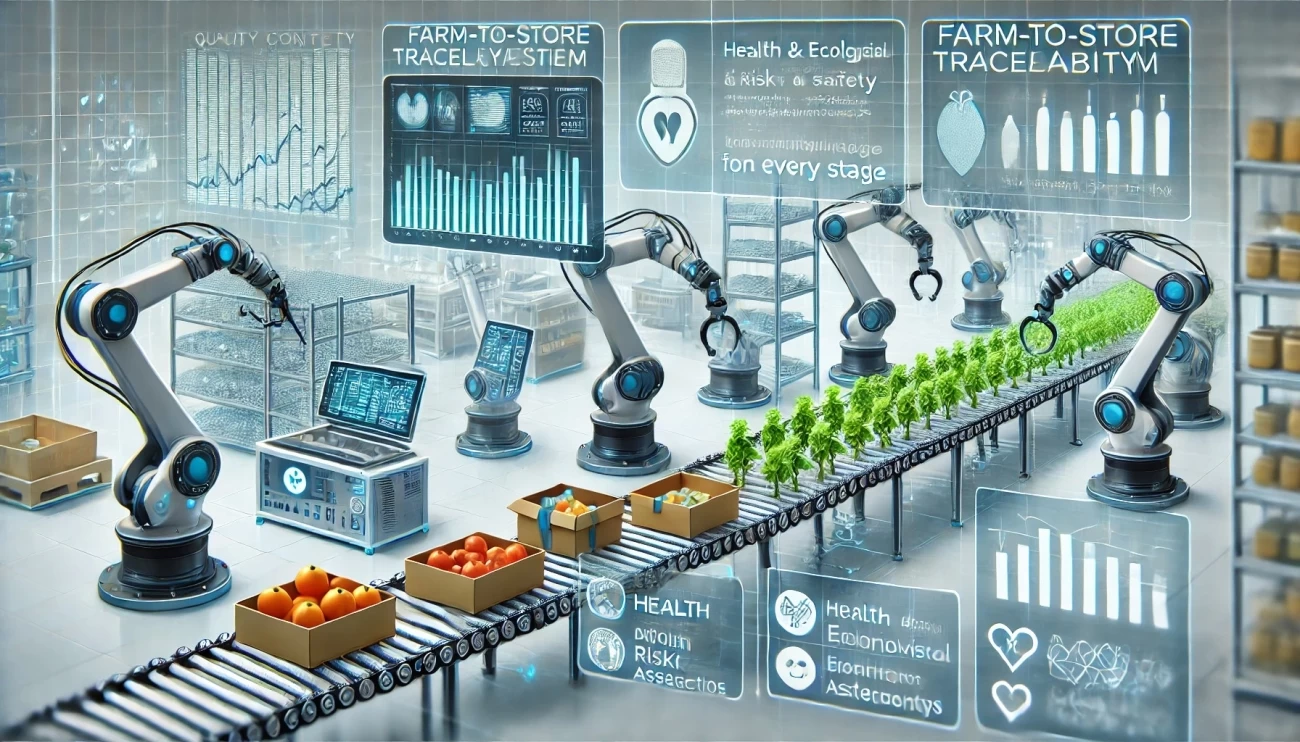 изображение, иллюстрирующее процесс контроля качества и безопасности в современном сельском хозяйстве с использованием ИИ для инспекции и прослеживаемости