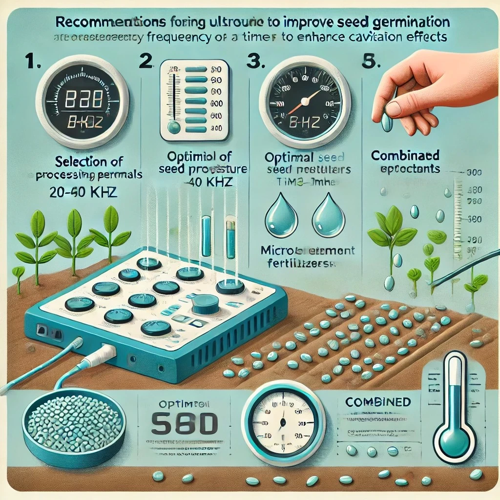 инфографика с рекомендациями по использованию ультразвука для улучшения всхожести семян. Она включает ключевые параметры обработки, оптимизацию влажности семян, комбинированный подход и контроль температуры. 