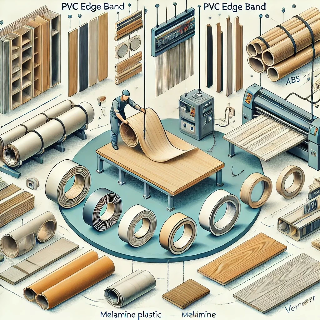 изображение, демонстрирующее процесс кромкооблицовки мебельных плит с использованием различных материалов, таких как ПВХ-ленты, ABS-пластик, меламиновая кромка и шпон.