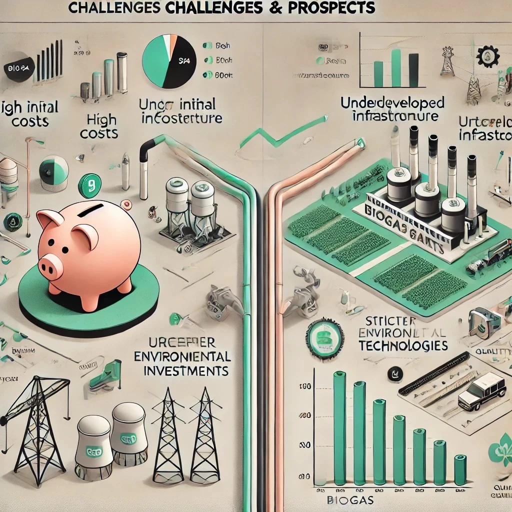 Изображение иллюстрирует вызовы и перспективы биогаза, показывая ключевые препятствия и возможности