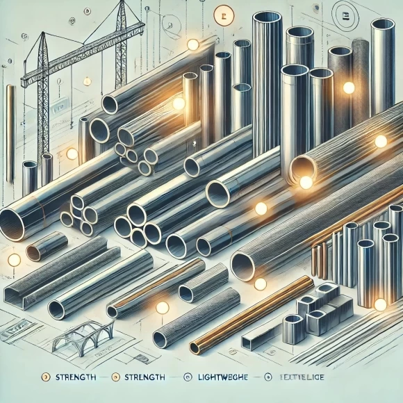 изображение, иллюстрирующее характеристики и преимущества металлических труб, включая их формы, прочность, легкость и универсальность