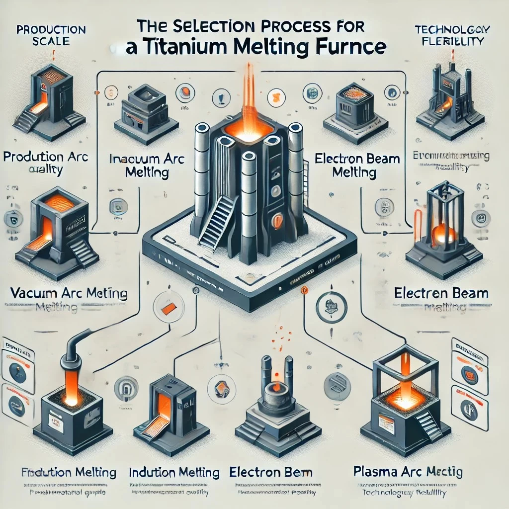 инфографика, иллюстрирующая выбор плавильной установки для титана. Она включает основные факторы, влияющие на выбор, и классификацию различных типов установок.