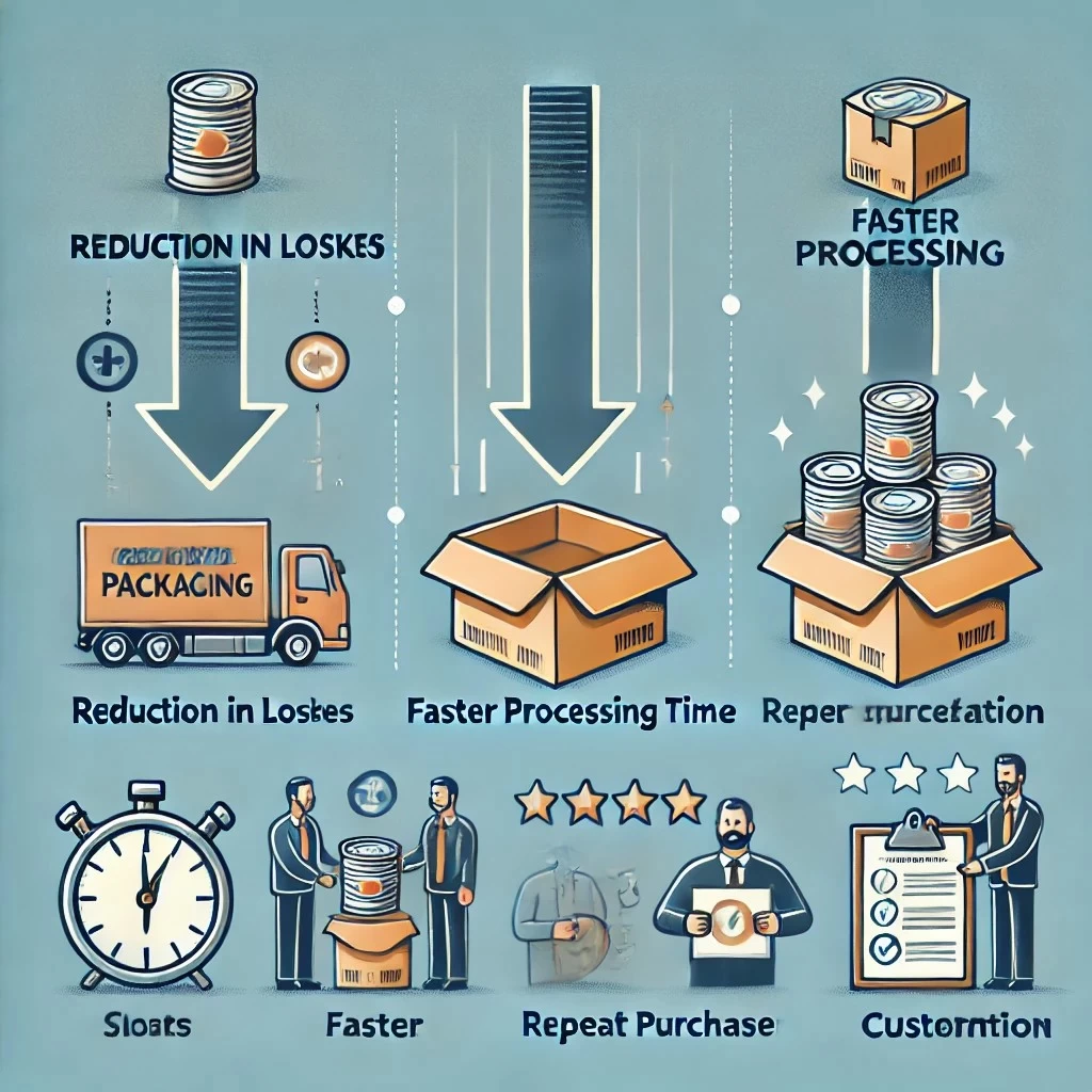 Изображение, иллюстрирующее экономический эффект от правильной упаковки. Оно отображает ключевые преимущества: снижение потерь, ускорение обработки грузов и повышение удовлетворенности клиентов.