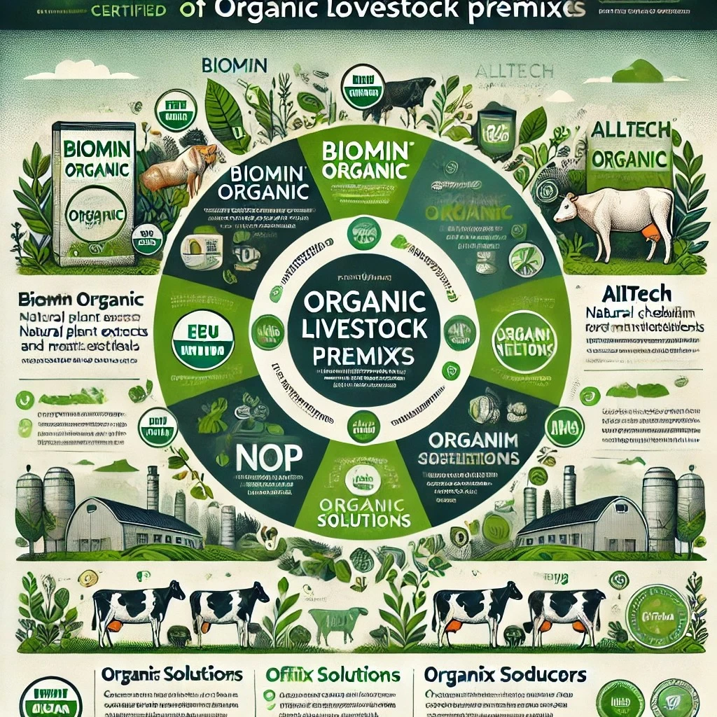 изображение, иллюстрирующее популярные бренды премиксов для органического животноводства.