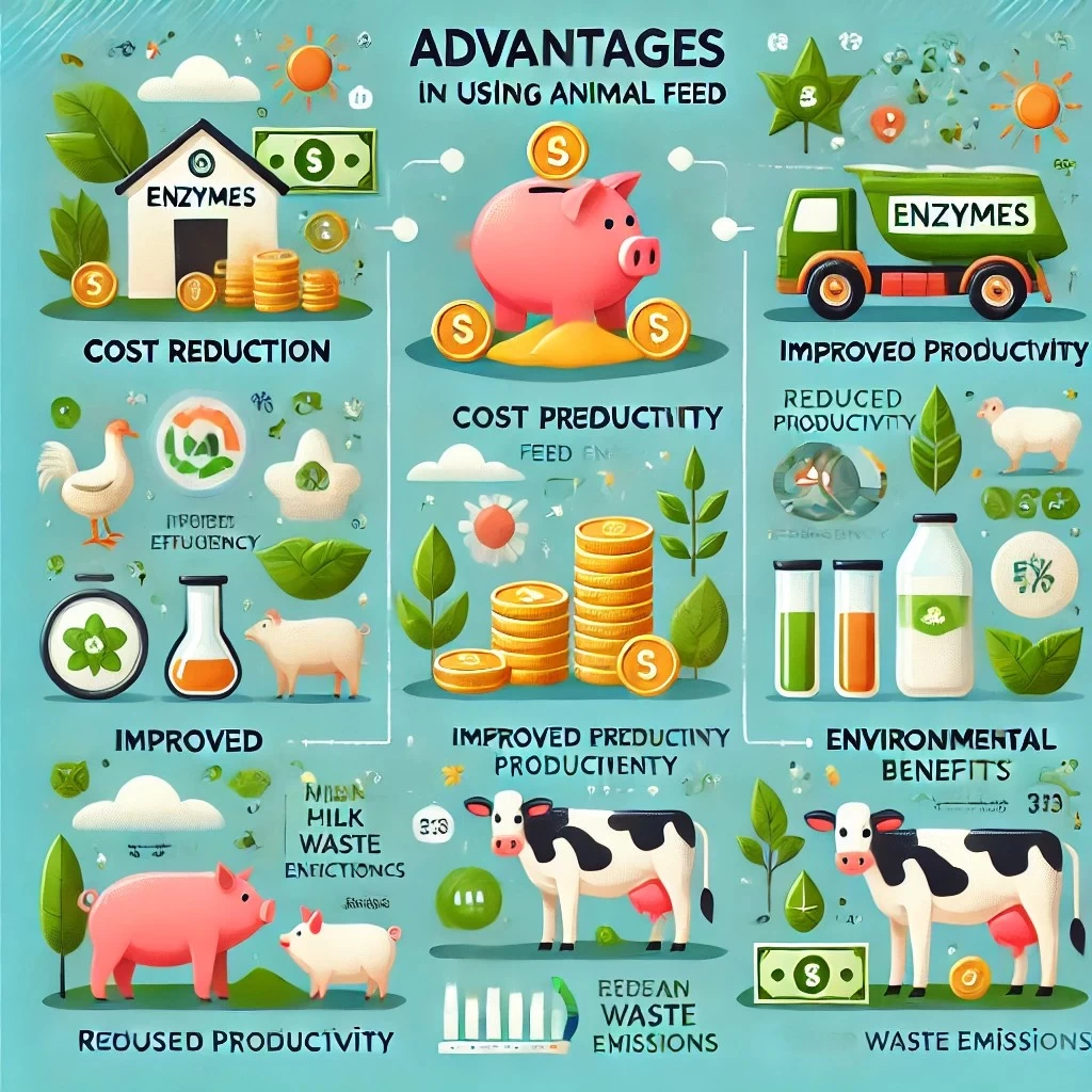 изображение, демонстрирующее преимущества использования ферментов в кормлении животных.