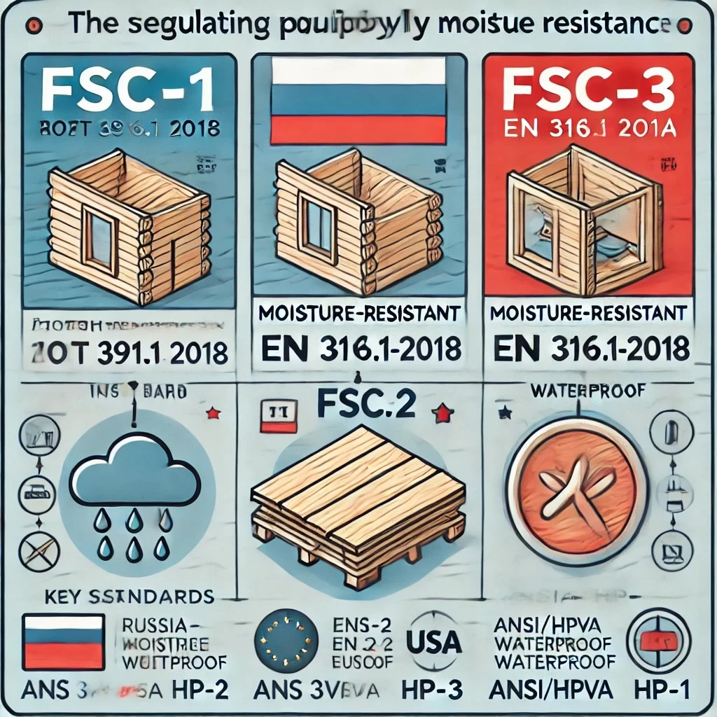 инфографика, иллюстрирующая стандарты, регулирующие влагостойкость фанеры.